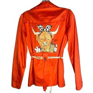 Vintage Forever upcycled Size S Print orange Trench‎ Coat Long Sleeve w/Belt Cow